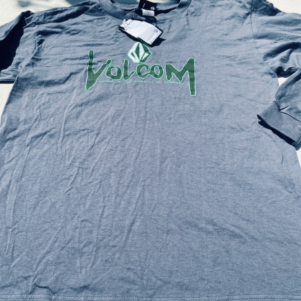 Volcom‎ Kids Long Sleeve Graphic Tee Gray Green Logo Cotton Shirt
